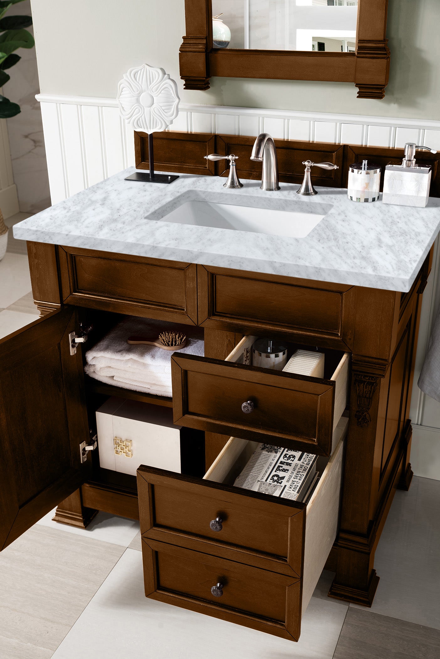 Brookfield 36" Single Vanity, Country Oak w/ 3 CM Carrara Marble Top