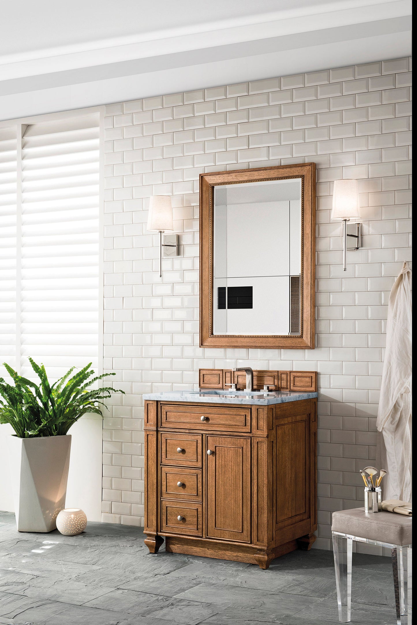 Bristol 30" Single Vanity, Saddle Brown w/ 3 CM Carrara Marble Top