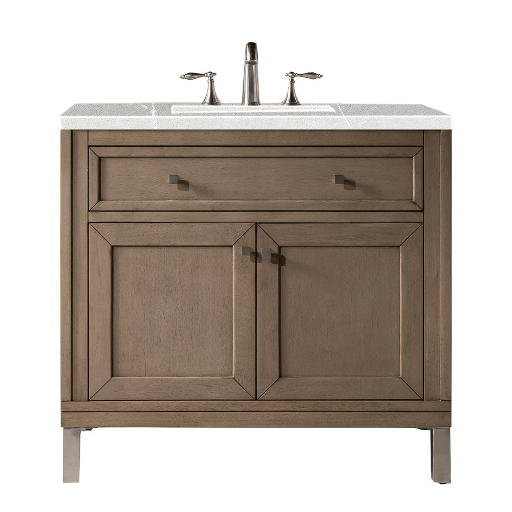 Chicago 36" Single Vanity, Whitewashed Walnut w/ 3 CM Eternal Serena Quartz Top