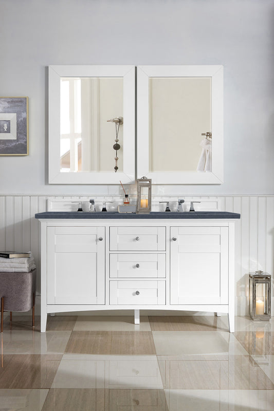 Palisades 60" Double Vanity, Bright White w/ 3 CM Charcoal Soapstone Quartz Top