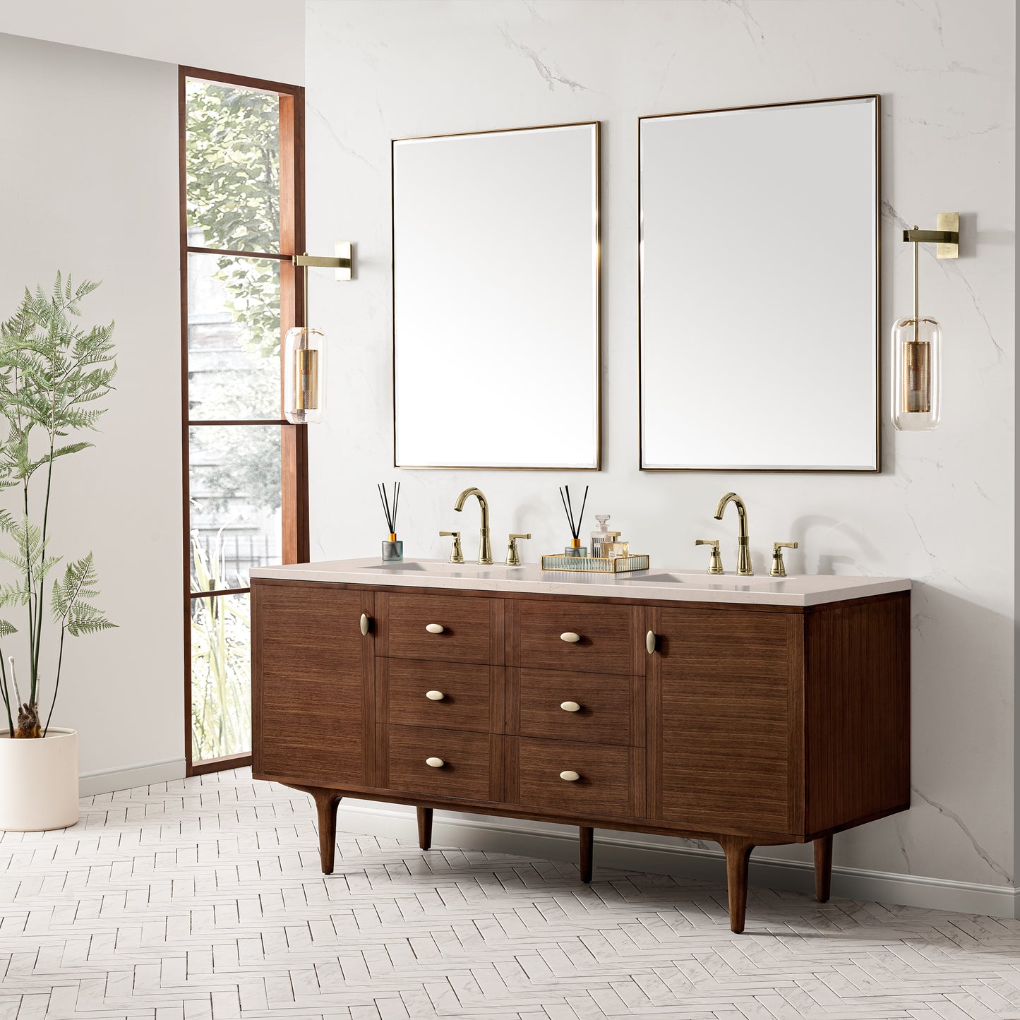 Amberly 72" Double Vanity, Mid-Century Walnut w/ 3 CM Eternal Marfil Top