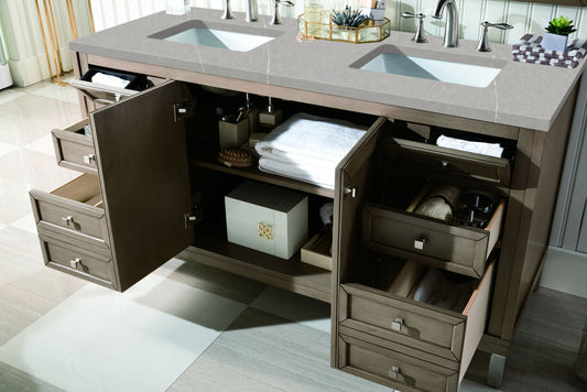 Chicago 60" Double Vanity, Whitewashed Walnut w/ 3 CM Eternal Serena Quartz Top