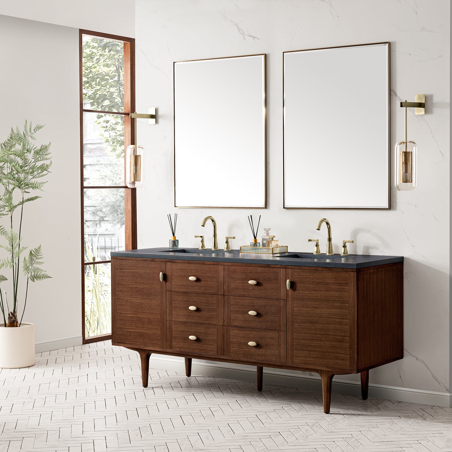 Amberly 72" Double Vanity, Mid-Century Walnut w/ 3 CM Charcoal Soapstone Top