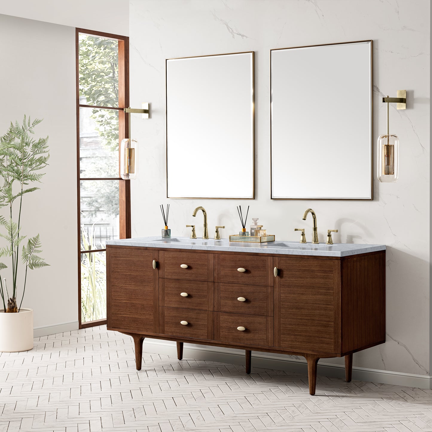 Amberly 72" Double Vanity, Mid-Century Walnut w/ 3 CM Carrara Marble Top