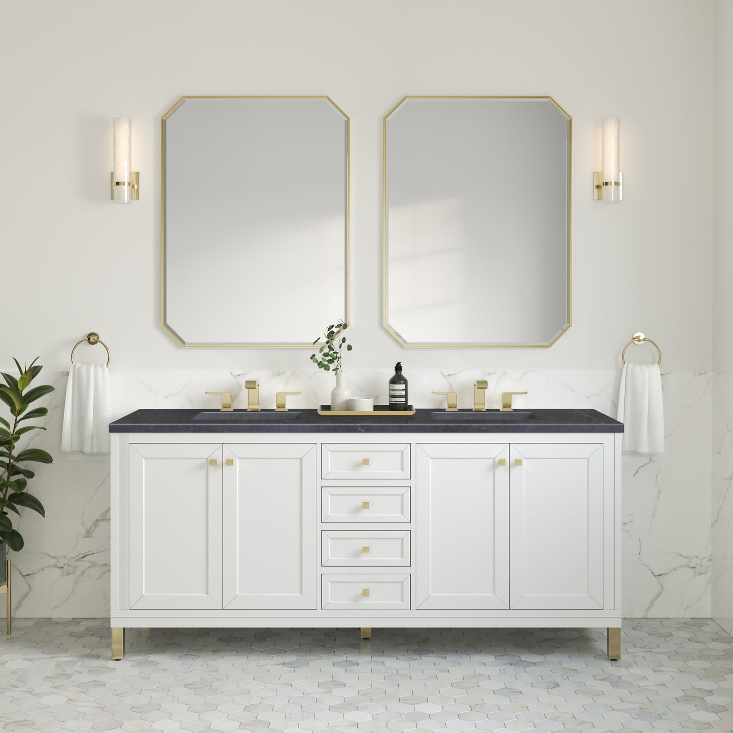 Chicago 72" Double Vanity, Glossy White w/ 3 CM Charcoal Soapstone Top