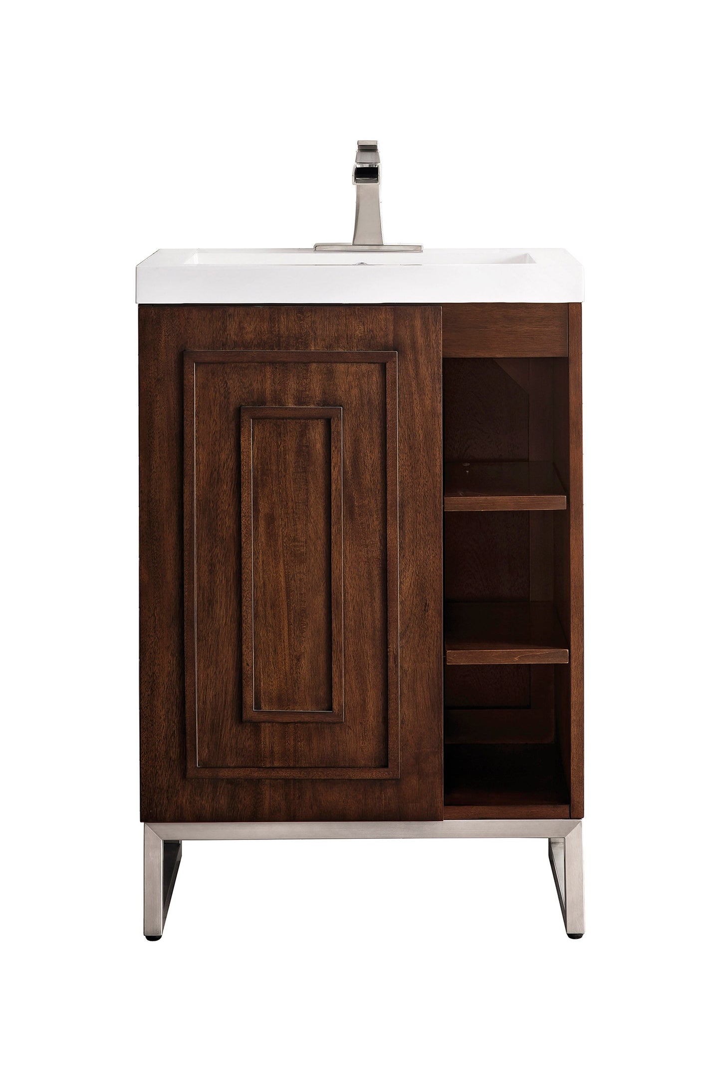 Alicante 24" Single Vanity, Mid-Century Acacia, Brushed Nickel w/ White Glossy Composite Stone Top