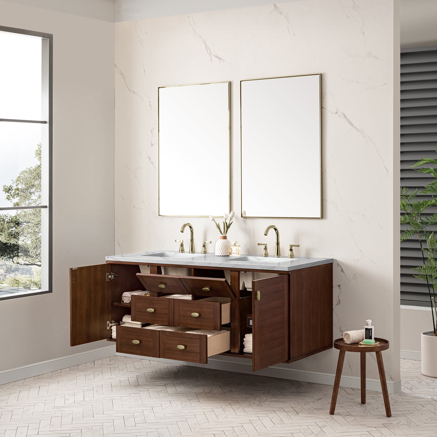 Amberly 60" Double Vanity, Mid-Century Walnut w/ 3 CM Ethereal Noctis Top