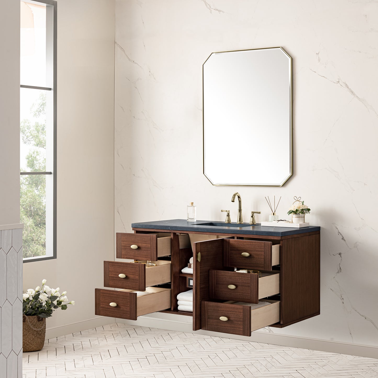 Amberly 48" Single Vanity, Mid-Century Walnut w/ 3 CM Charcoal Soapstone Top