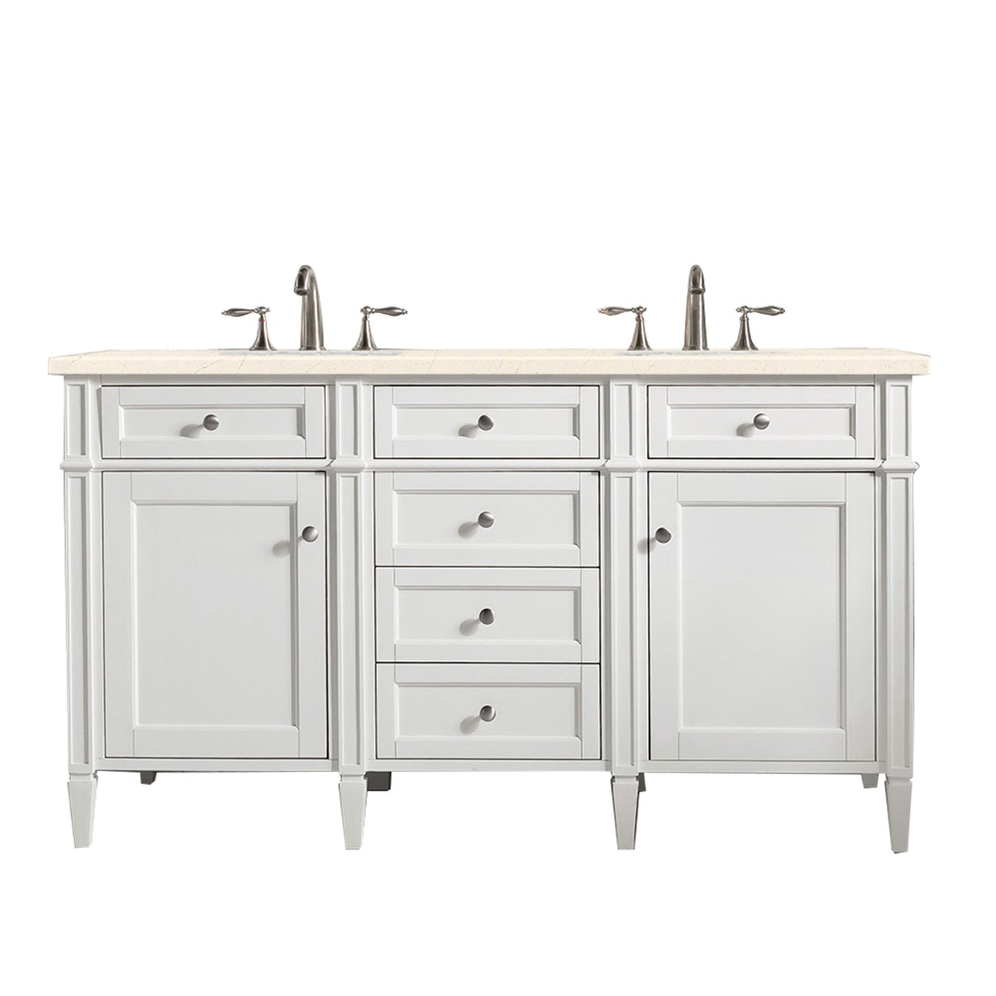 Brittany 60" Double Vanity, Bright White Vanity w/ 3 CM Eternal Marfil Quartz Top