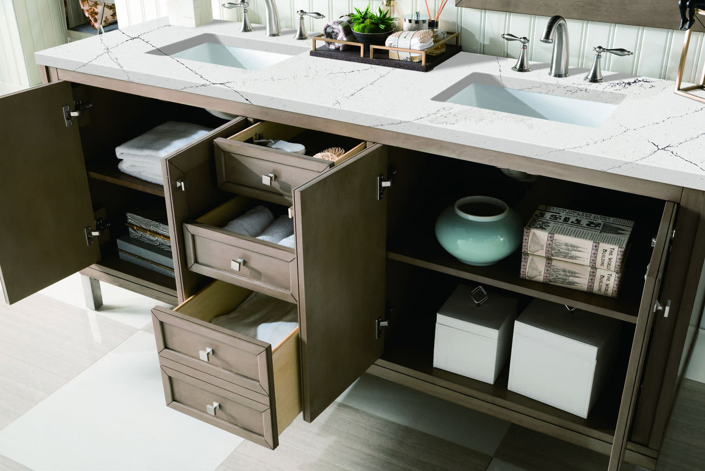 Chicago 72" Double Vanity, Whitewashed Walnut w/ 3 CM Ethereal Noctis Quartz Top