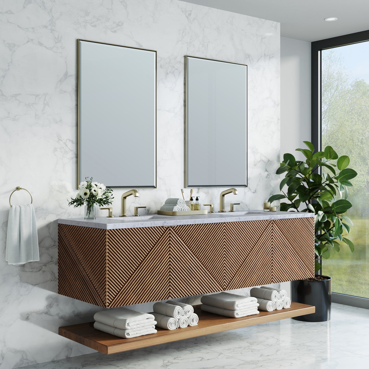 Marcello 72" Double Vanity, Chestnut w/ 3 CM Carrara Marble Top