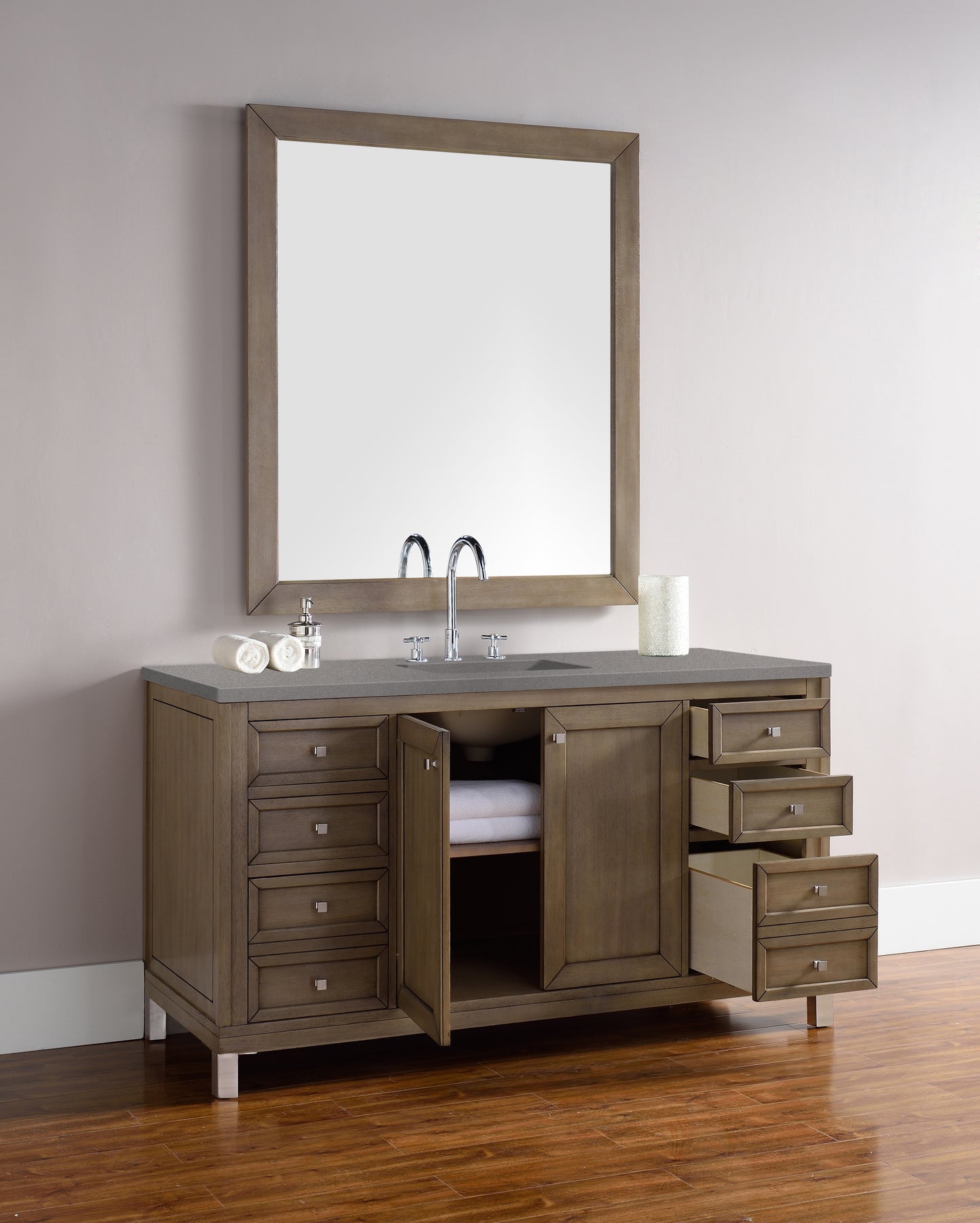 Chicago 60" Single Vanity, Whitewashed Walnut w/ 3 CM Grey Expo Quartz Top