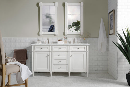 Brittany 60" Double Vanity, Bright White Vanity w/ 3 CM Ethereal Noctis Quartz Top