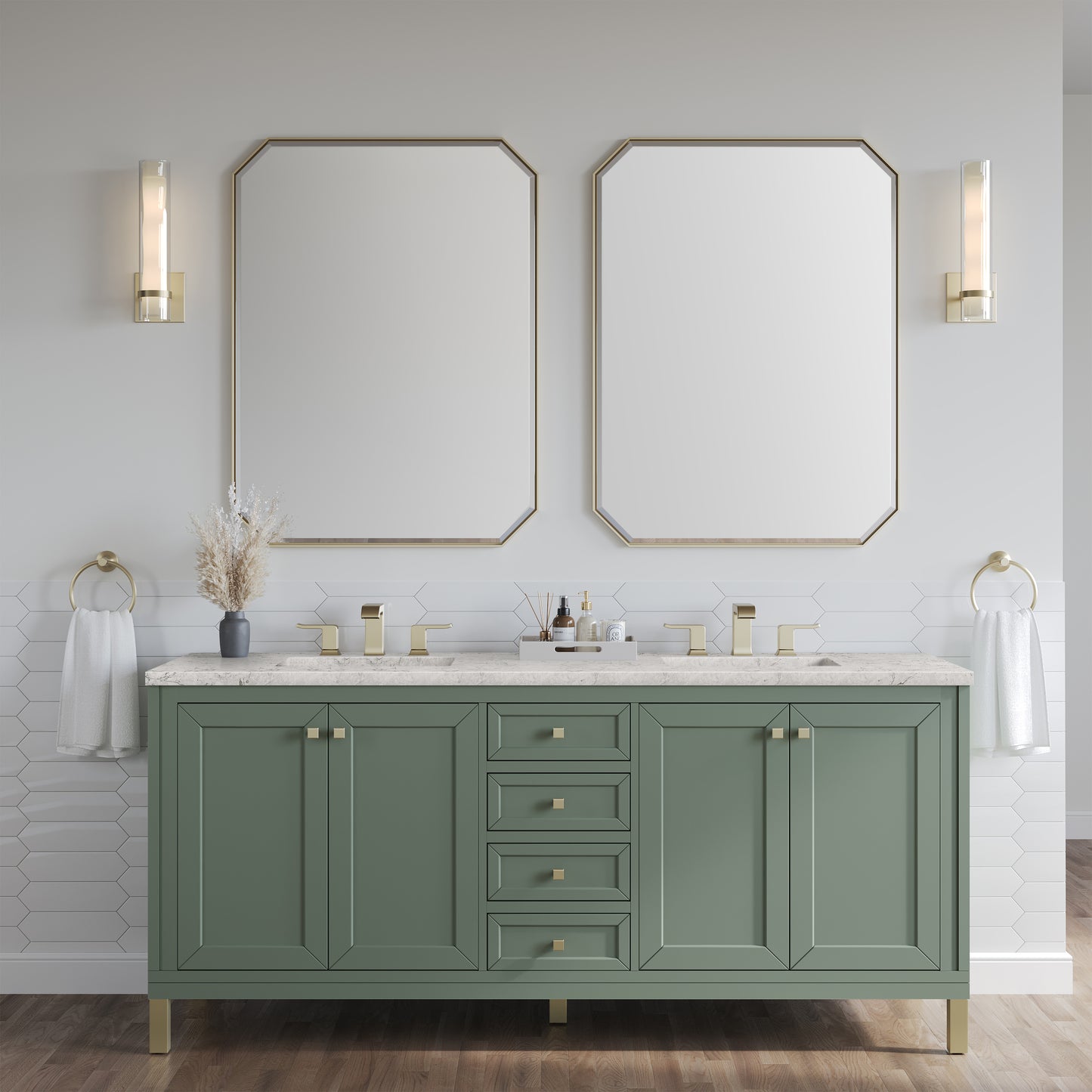 Chicago 72" Double Vanity, Smokey Celadon w/ 3 CM Eternal Jasmine Pearl Top