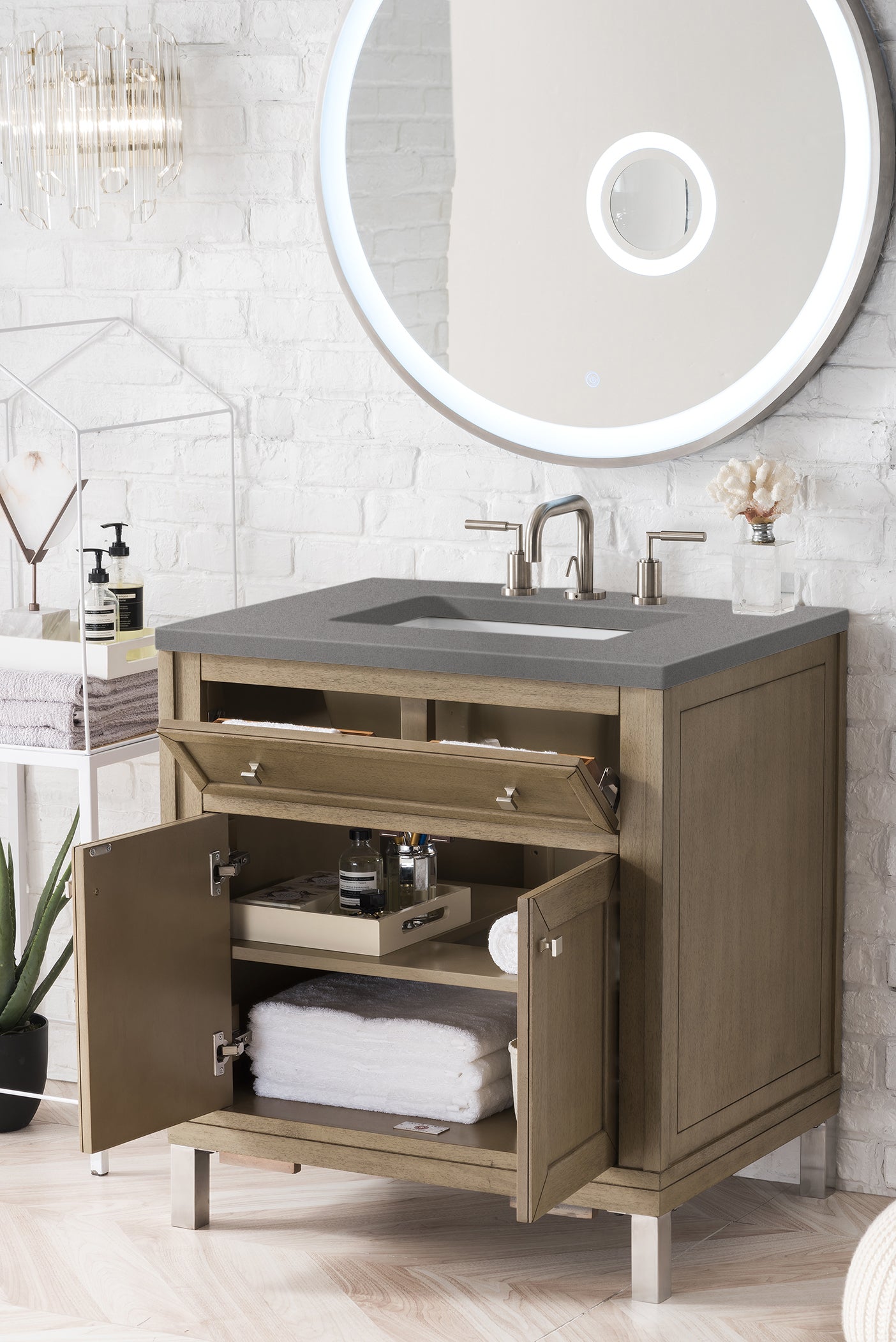 Chicago 30" Single Vanity, Whitewashed Walnut w/ 3 CM Grey Expo Quartz Top