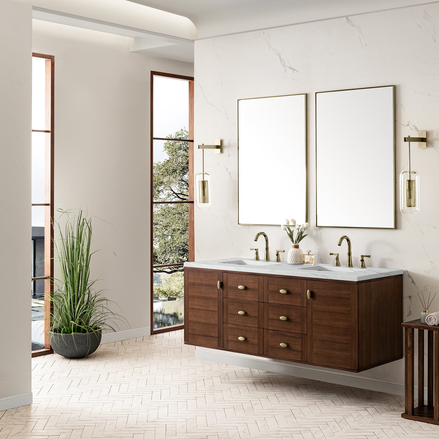 Amberly 60" Double Vanity, Mid-Century Walnut w/ 3 CM Ethereal Noctis Top