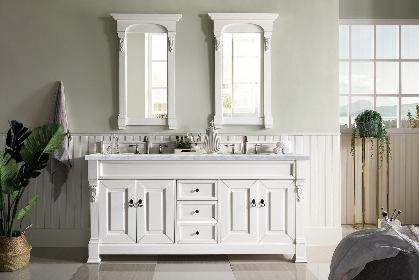 Brookfield 72" Double Vanity, Bright White w/ 3 CM Carrara Marble Top