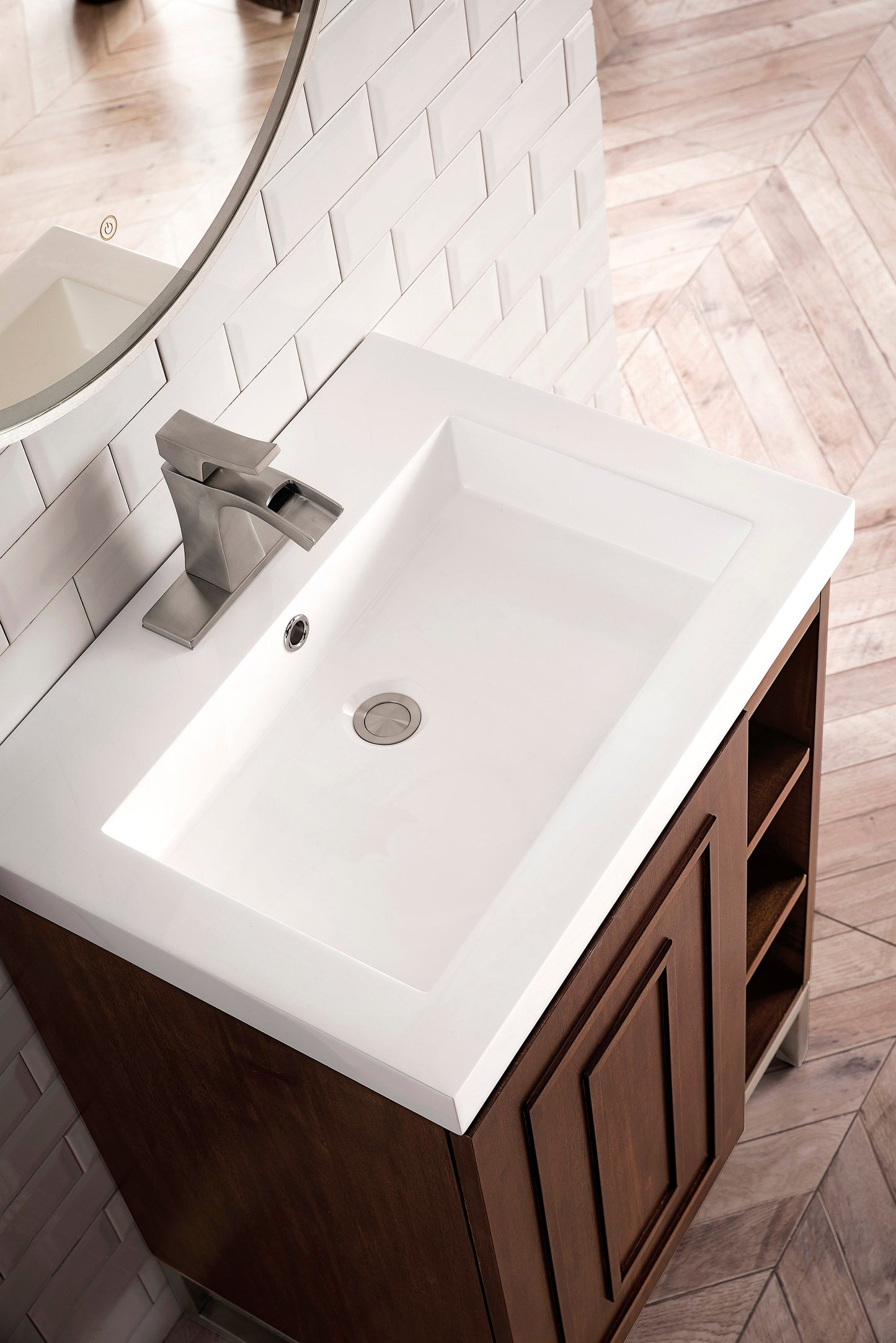 Alicante 24" Single Vanity, Mid-Century Acacia, Brushed Nickel w/ White Glossy Composite Stone Top