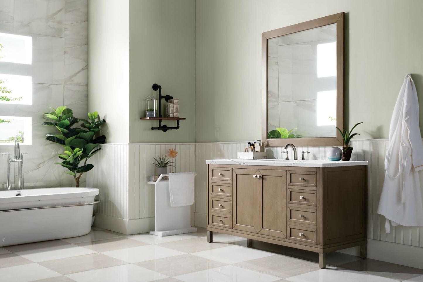 Chicago 60" Single Vanity, Whitewashed Walnut w/ 3 CM Ethereal Noctis Quartz Top