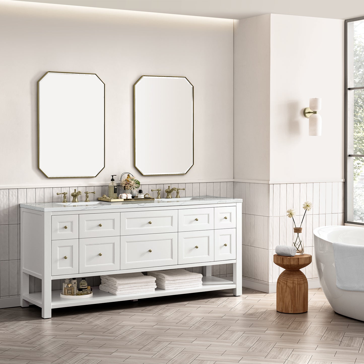 Breckenridge 72" Double Vanity, Bright White w/ 3 CM Ethereal Noctis Top