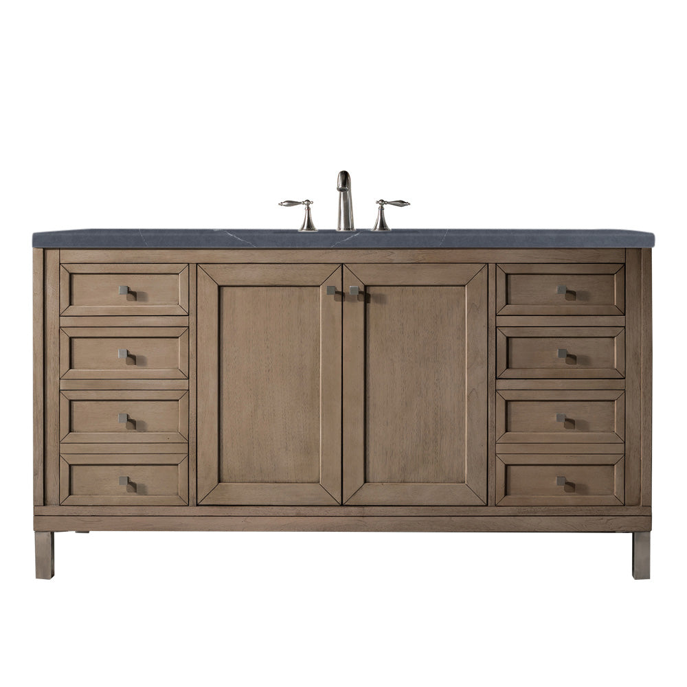 Chicago 60" Single Vanity, Whitewashed Walnut w/ 3 CM Charcoal Soapstone Quartz Top