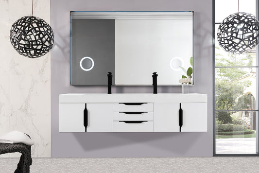 Mercer Island 72" Double Vanity, Glossy White, Matte Black w/ Glossy White Composite Stone Top