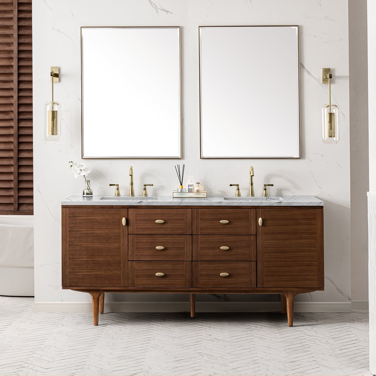 Amberly 72" Double Vanity, Mid-Century Walnut w/ 3 CM Ethereal Noctis Top