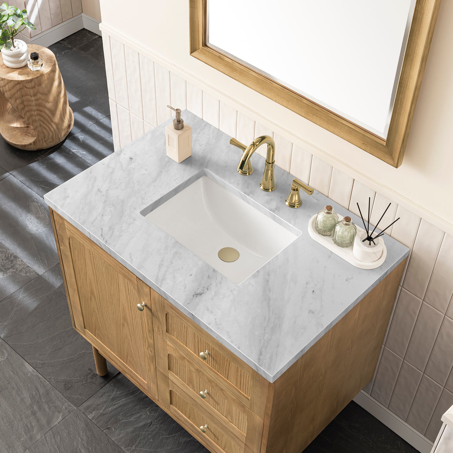 Laurent 36" Single Vanity, Light Natural Oak w/ 3 CM Carrara Marble Top