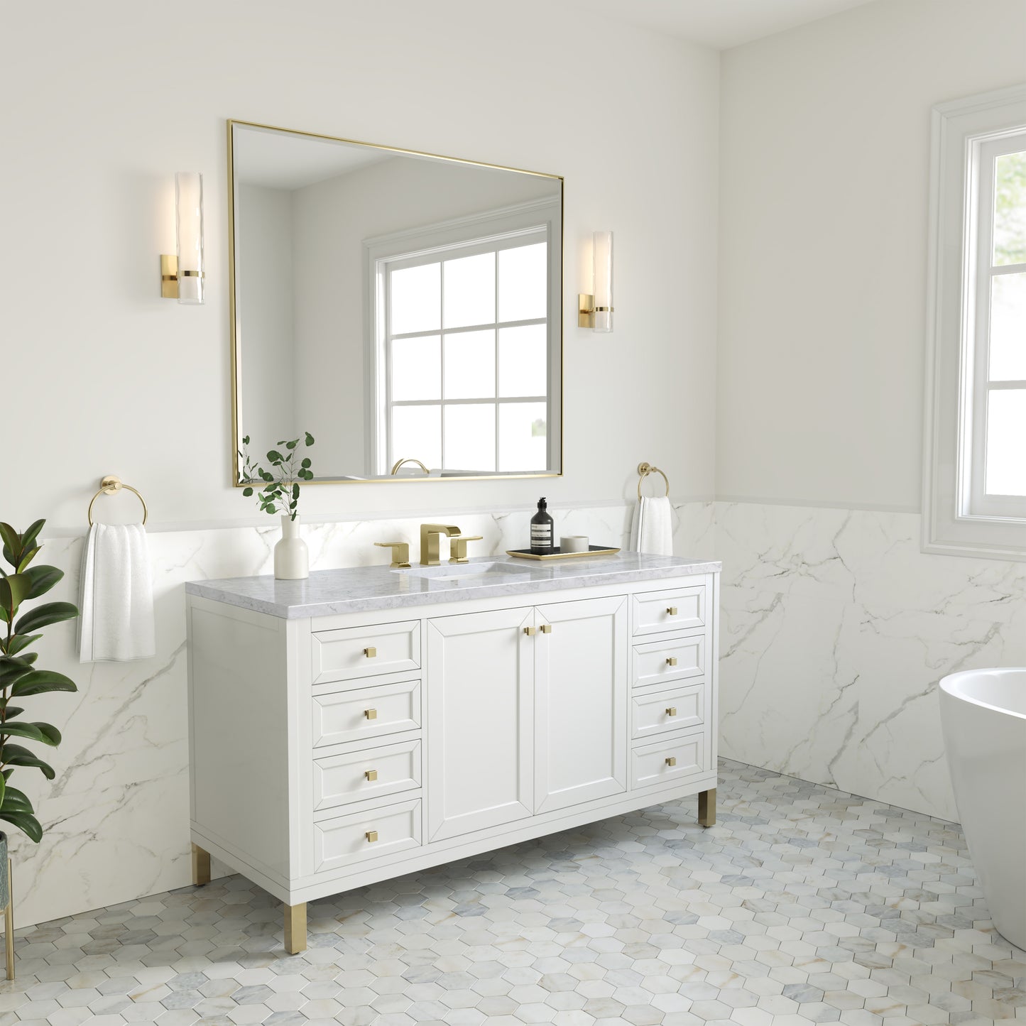 Chicago 60" Single Vanity, Glossy White w/ 3 CM Carrara Marble Top