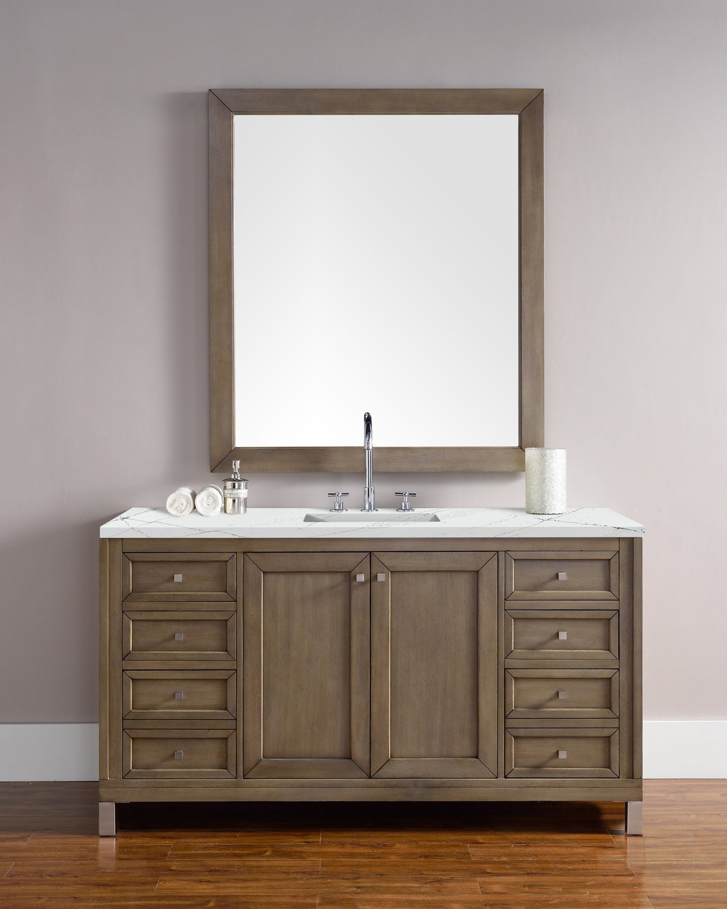 Chicago 60" Single Vanity, Whitewashed Walnut w/ 3 CM Ethereal Noctis Quartz Top