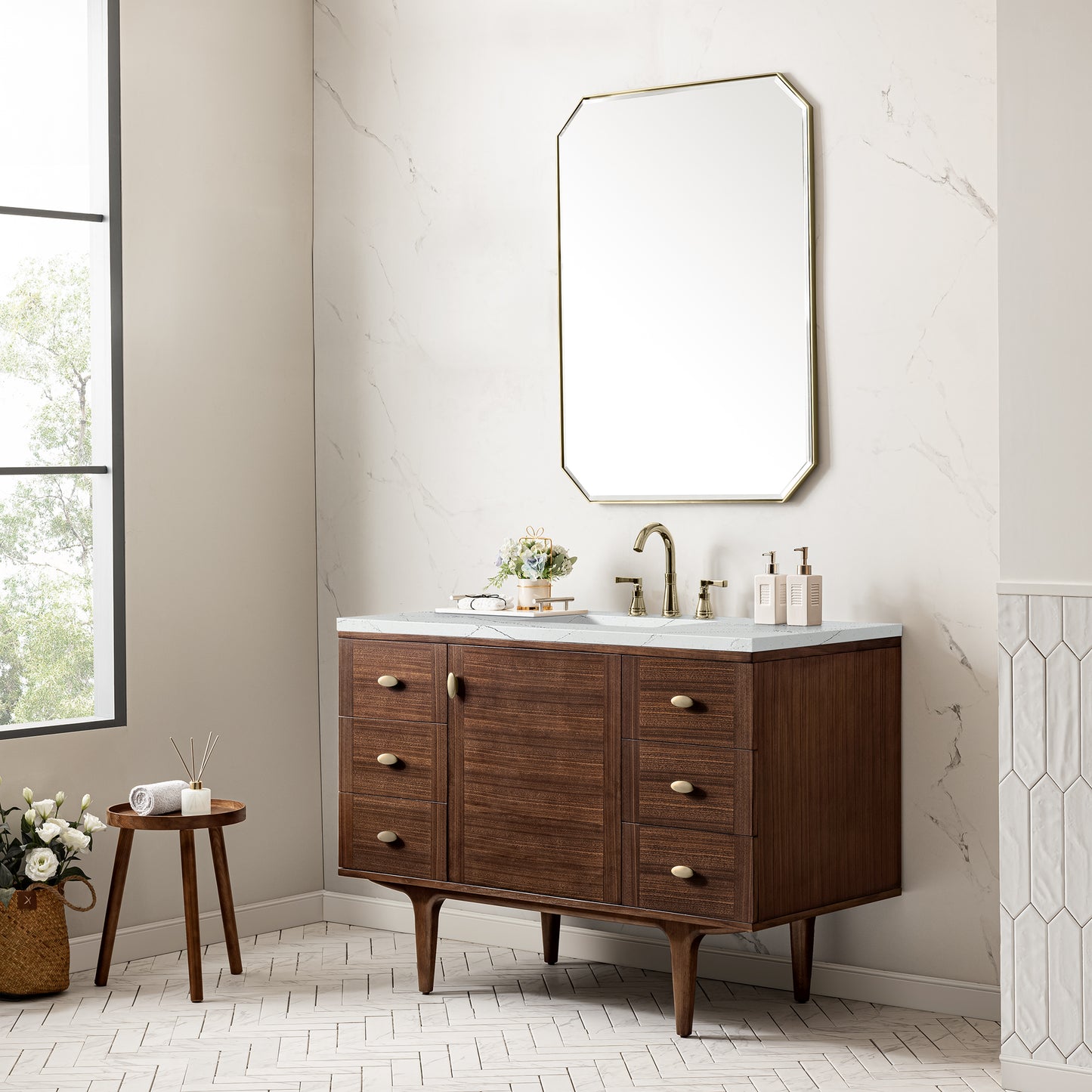 Amberly 48" Single Vanity, Mid-Century Walnut w/ 3 CM Ethereal Noctis Top