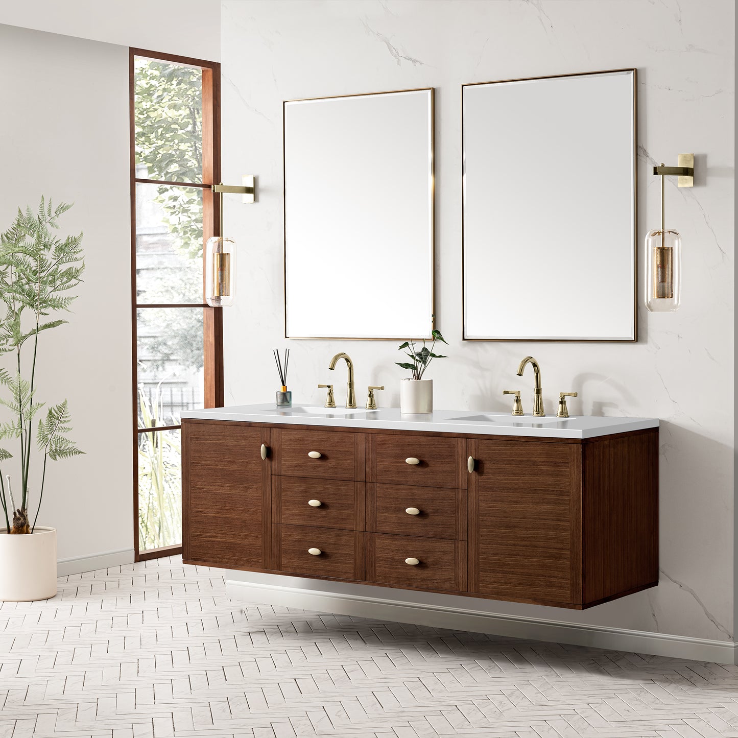 Amberly 72" Double Vanity, Mid-Century Walnut w/ 3 CM White Zeus Top