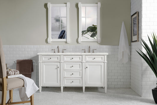 Brittany 60" Double Vanity, Bright White Vanity w/ 3 CM Eternal Jasmine Pearl Quartz Top