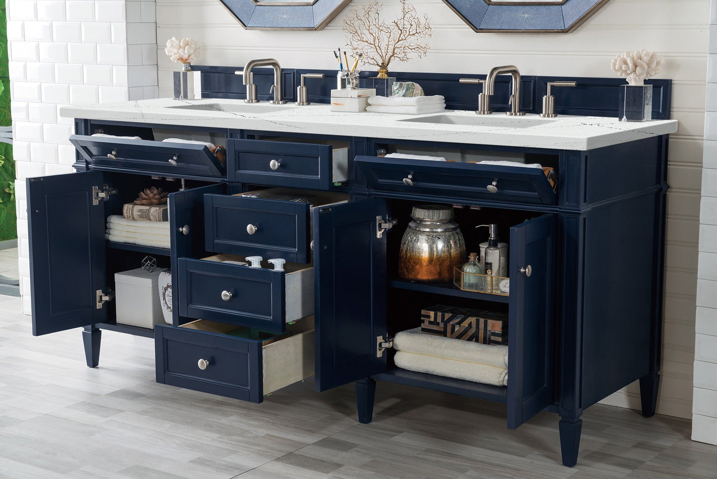 Brittany 72" Double Vanity, Victory Blue w/ 3 CM Ethereal Noctis Quartz Top