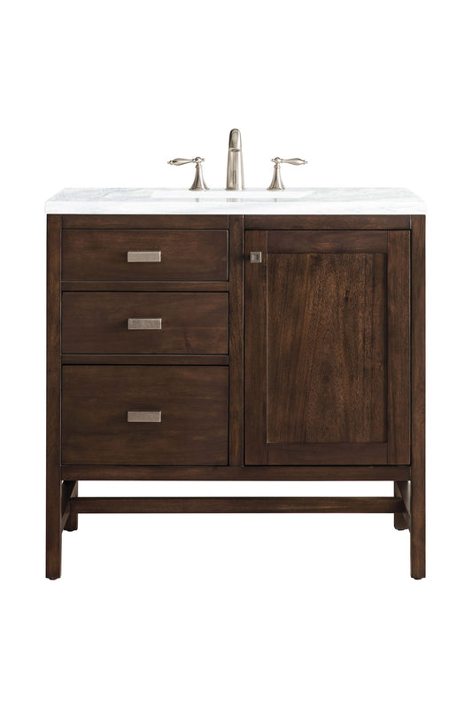 Addison 36" Single Vanity, Mid-Century Acacia w/ 3 CM Arctic Fall Solid Surface Top