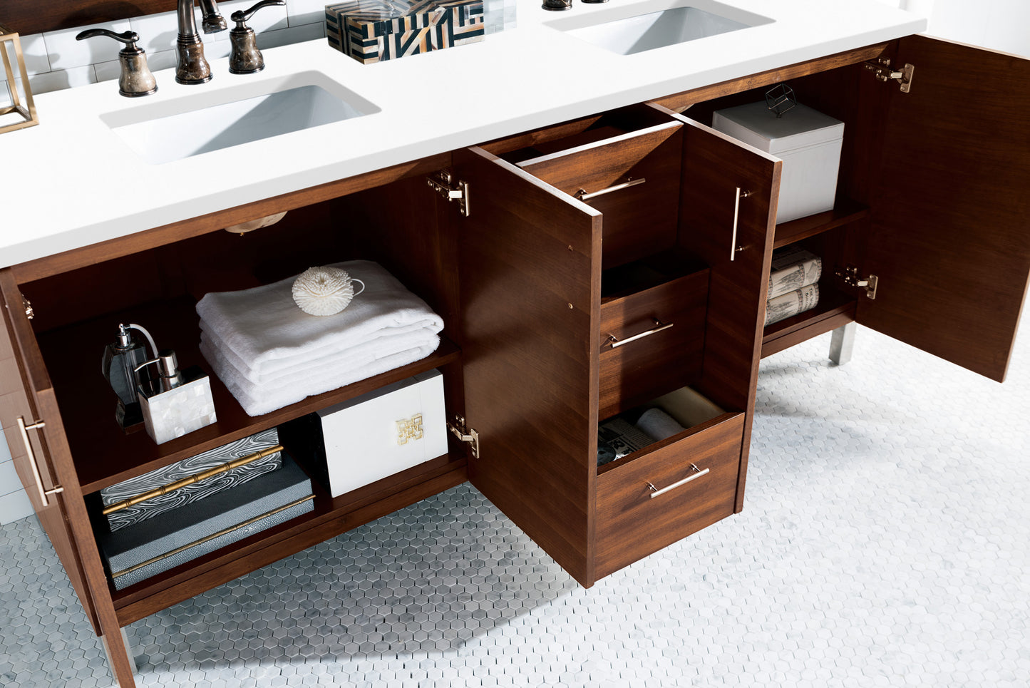 Metropolitan 72" Double Vanity, American Walnut w/ 3 CM White Zeus Quartz Top