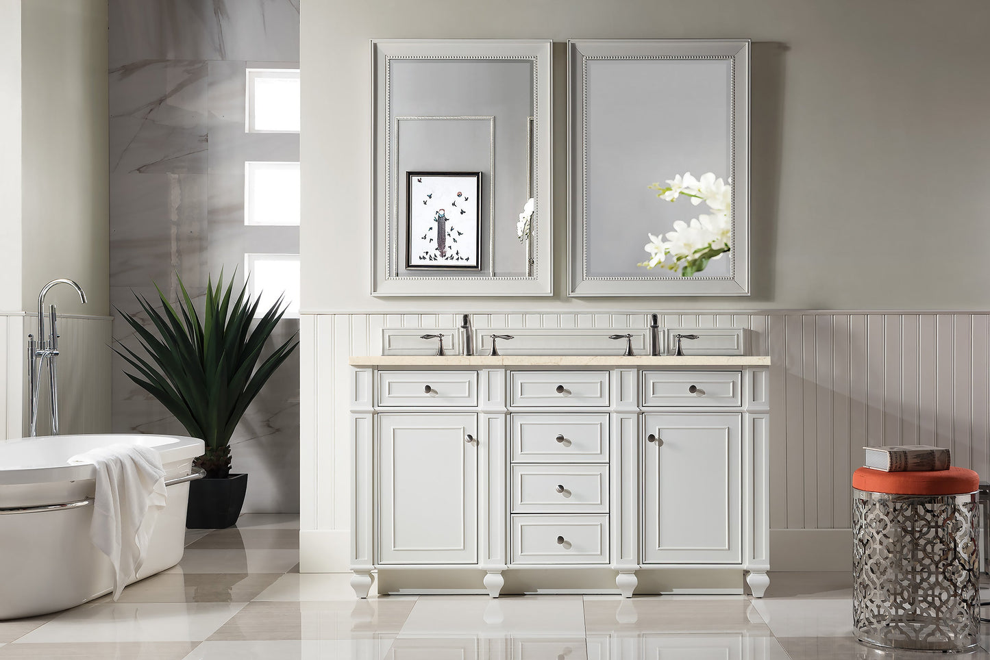 Bristol 60" Double Vanity, Bright White w/ 3 CM Eternal Marfil Quartz Top