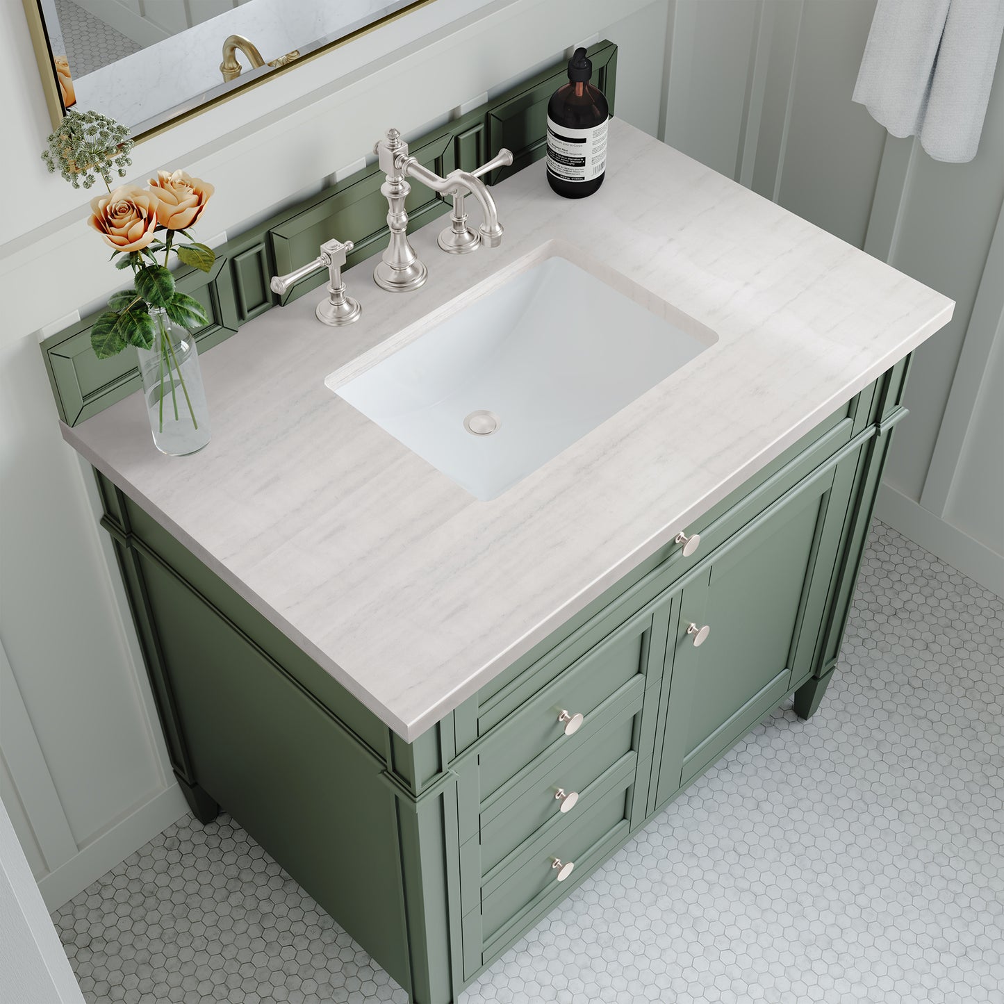 Brittany 36" Single Vanity, Smokey Celadon w/ 3 CM Arctic Fall Top