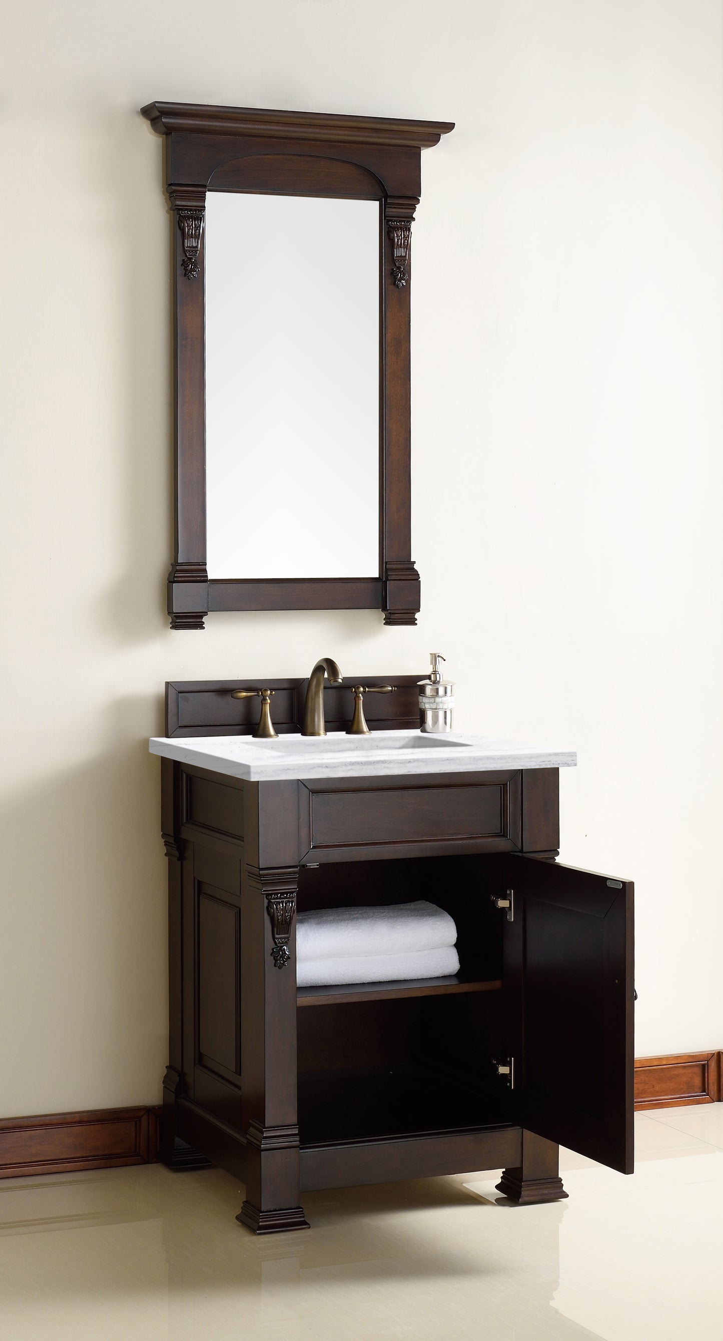 Brookfield 26" Single Vanity, Burnished Mahogany w/ 3 CM Arctic Fall Solid Surface Top