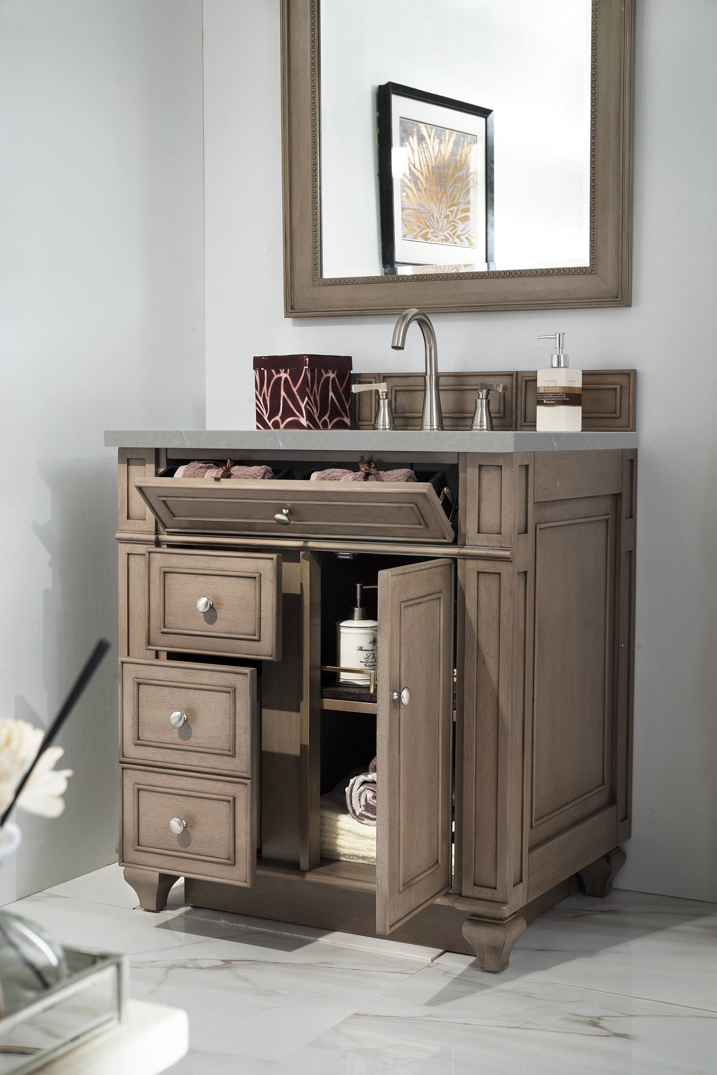 Bristol 30" Single Vanity, Whitewashed Walnut w/ 3 CM Eternal Serena Quartz Top