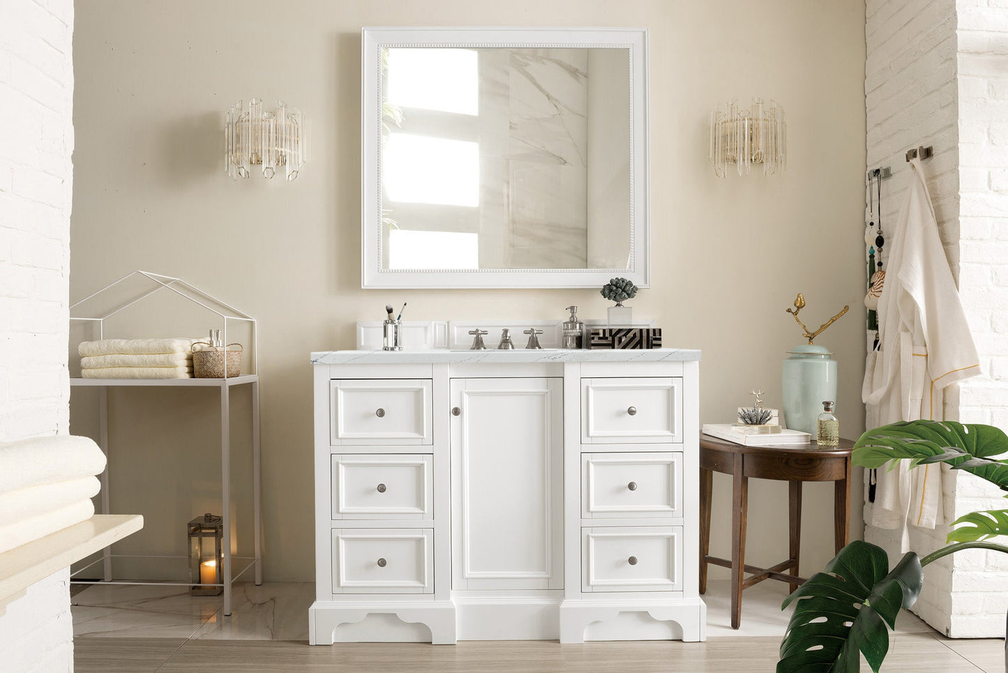 De Soto 48" Single Vanity, Bright White w/ 3 CM Ethereal Noctis Quartz Top