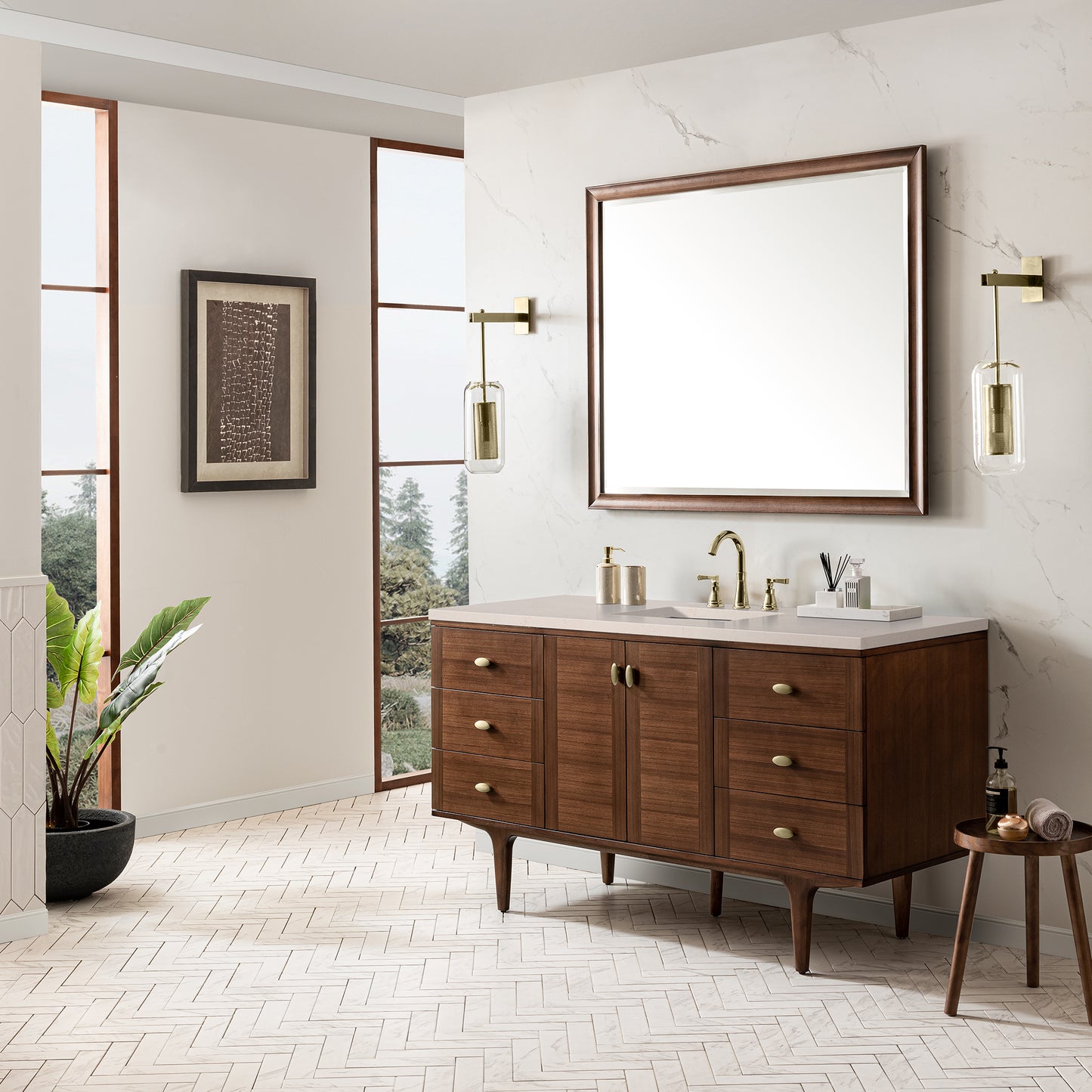 Amberly 60" Single Vanity, Mid-Century Walnut w/ 3 CM Eternal Marfil Top