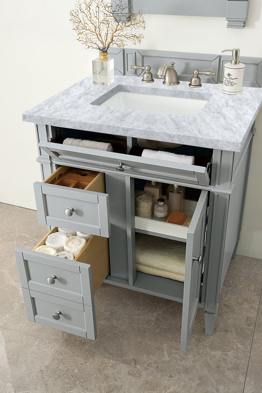 Brittany 30" Single Vanity, Urban Gray w/ 3 CM Carrara Marble Top