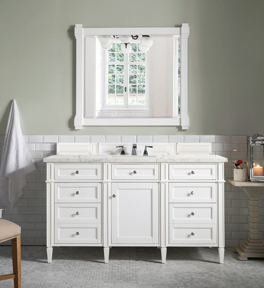 Brittany 60" Single Vanity, Bright White w/ 3 CM Eternal Jasmine Pearl Quartz Top