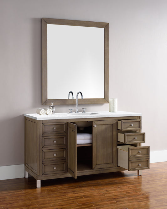 Chicago 60" Single Vanity, Whitewashed Walnut w/ 3 CM Arctic Fall Solid Surface Top