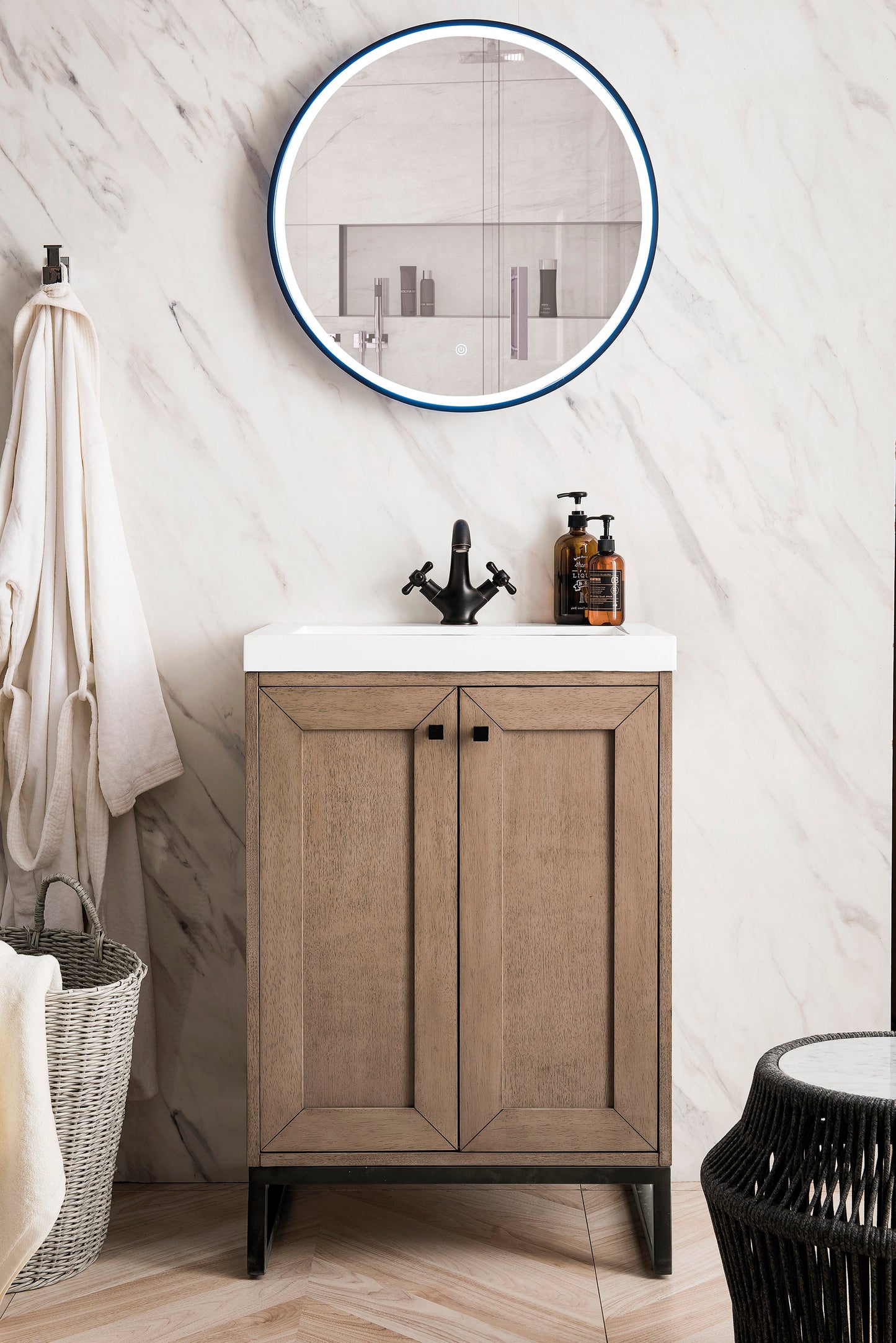 Chianti 24" Single Vanity, Whitewashed Walnut, Matte Black, w/ White Glossy Composite Stone Top