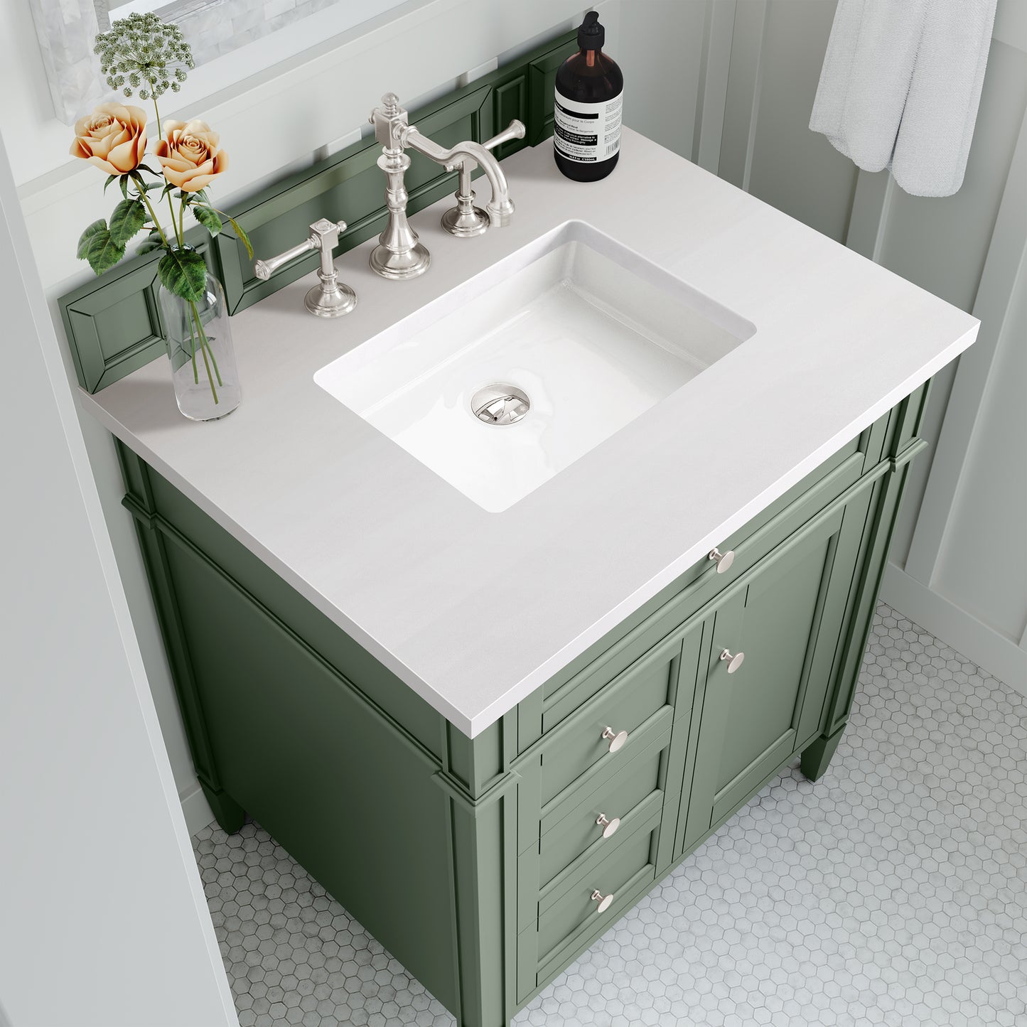 Brittany 30" Single Vanity, Smokey Celadon w/ 3 CM White Zeus Top