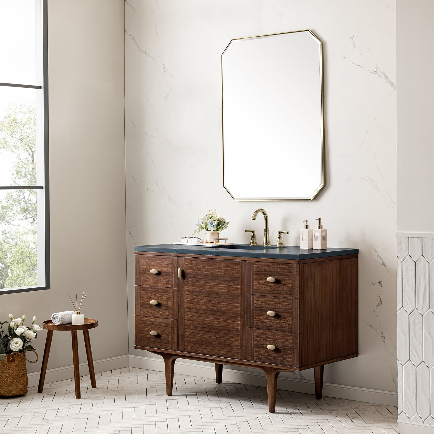 Amberly 48" Single Vanity, Mid-Century Walnut w/ 3 CM Charcoal Soapstone Top