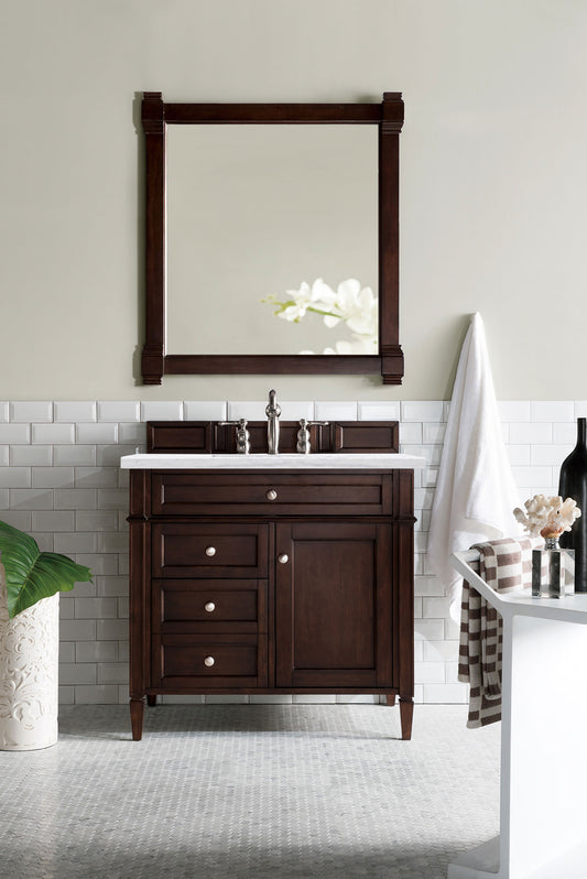 Brittany 36" Single Vanity, Burnished Mahogany w/ 3 CM Arctic Fall Solid Surface Top