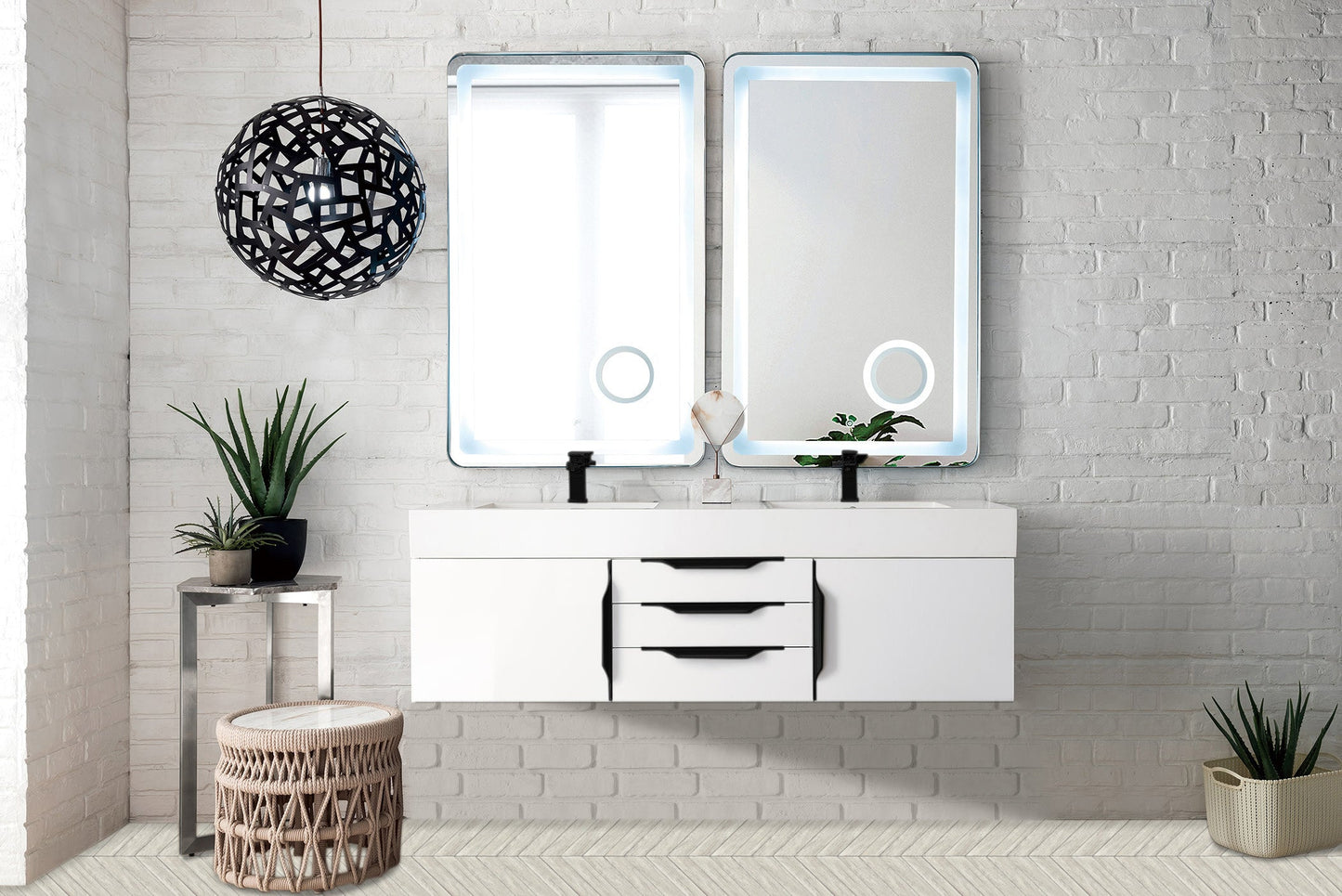 Mercer Island 59" Double Vanity, Glossy White, Matte Black w/ Glossy White Composite Stone Top